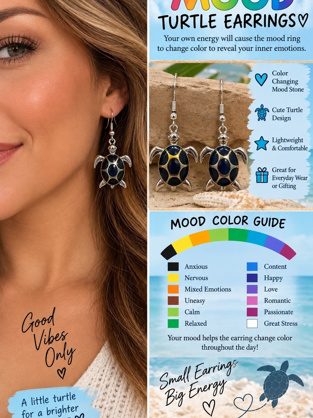 Mood Turtle Earrings — Color-Changing Blue Turtle Dangle Earrings